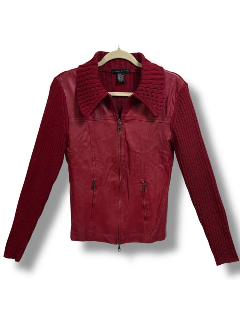 Maurice Sasson Vintage Leather Moto Zip Front Jacket Rib Knit Sleeve Red Small